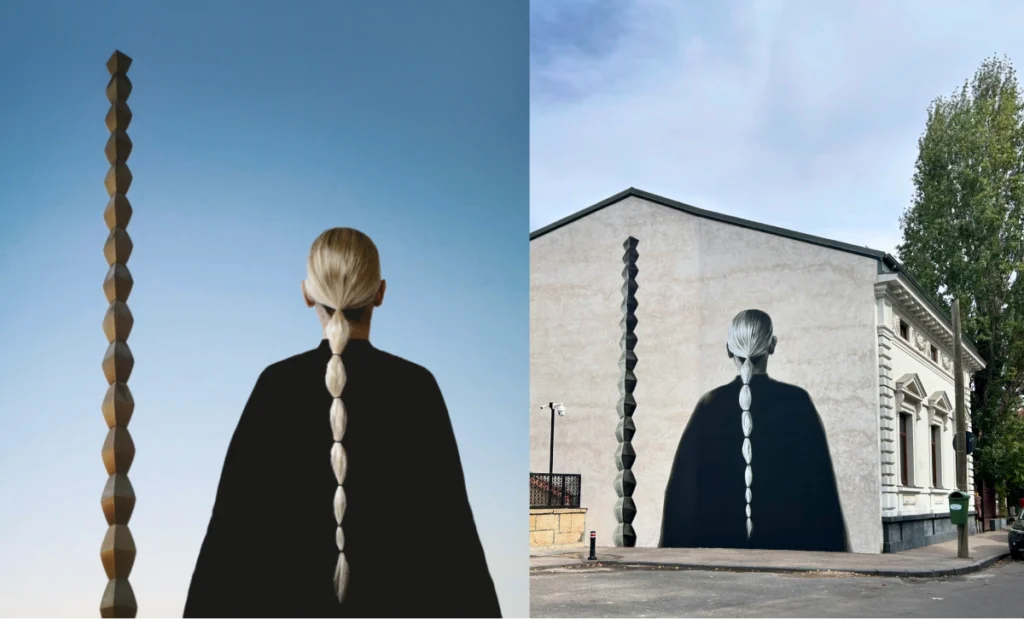 Fundal albastru deschis, într-un degrade ușor, în stânga imaginii coloana infinitului care se întinde spre cer, iar în dreapta stă cu spatele o femeie blondă, cu o coadă lungă, prinsă cu mai multe elastice de păr negre. Asemănarea între coada femeii și coloanele sculptate ale lui Brâncuși e mare.