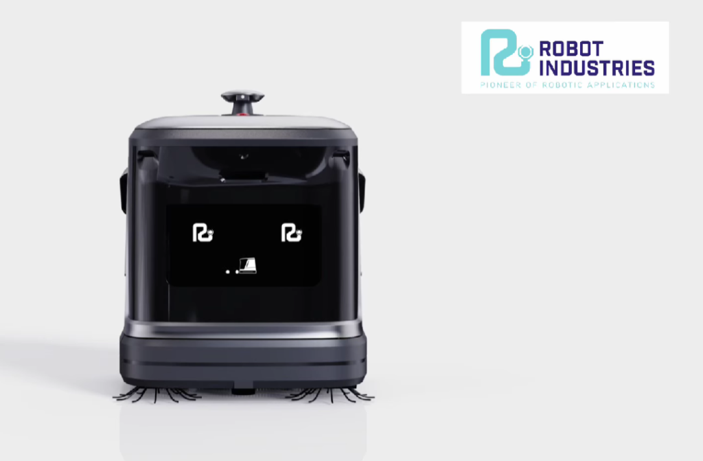 Un robot-aspirator modern, negru cu argintiu, pătrățos, cu perie rotativă, pe un fundal alb și logo companiei fondatoare.