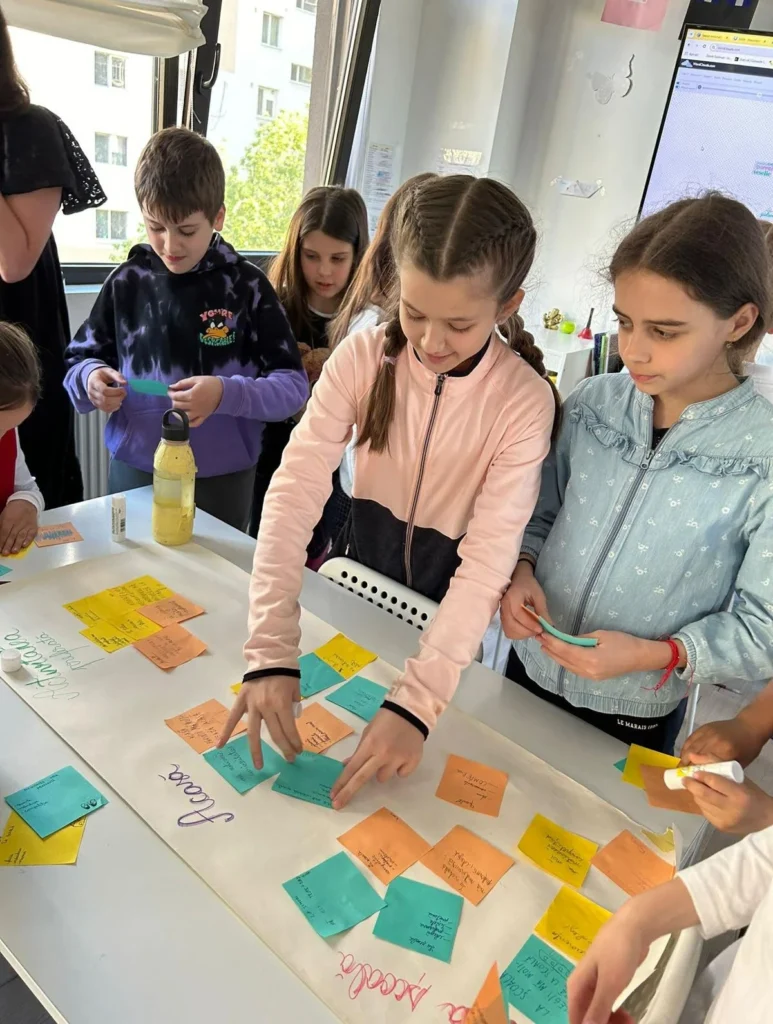 Copiii participă la o sesiune dinamică de brainstorming și organizare a ideilor, utilizând metode vizuale pentru a crea un proiect comun